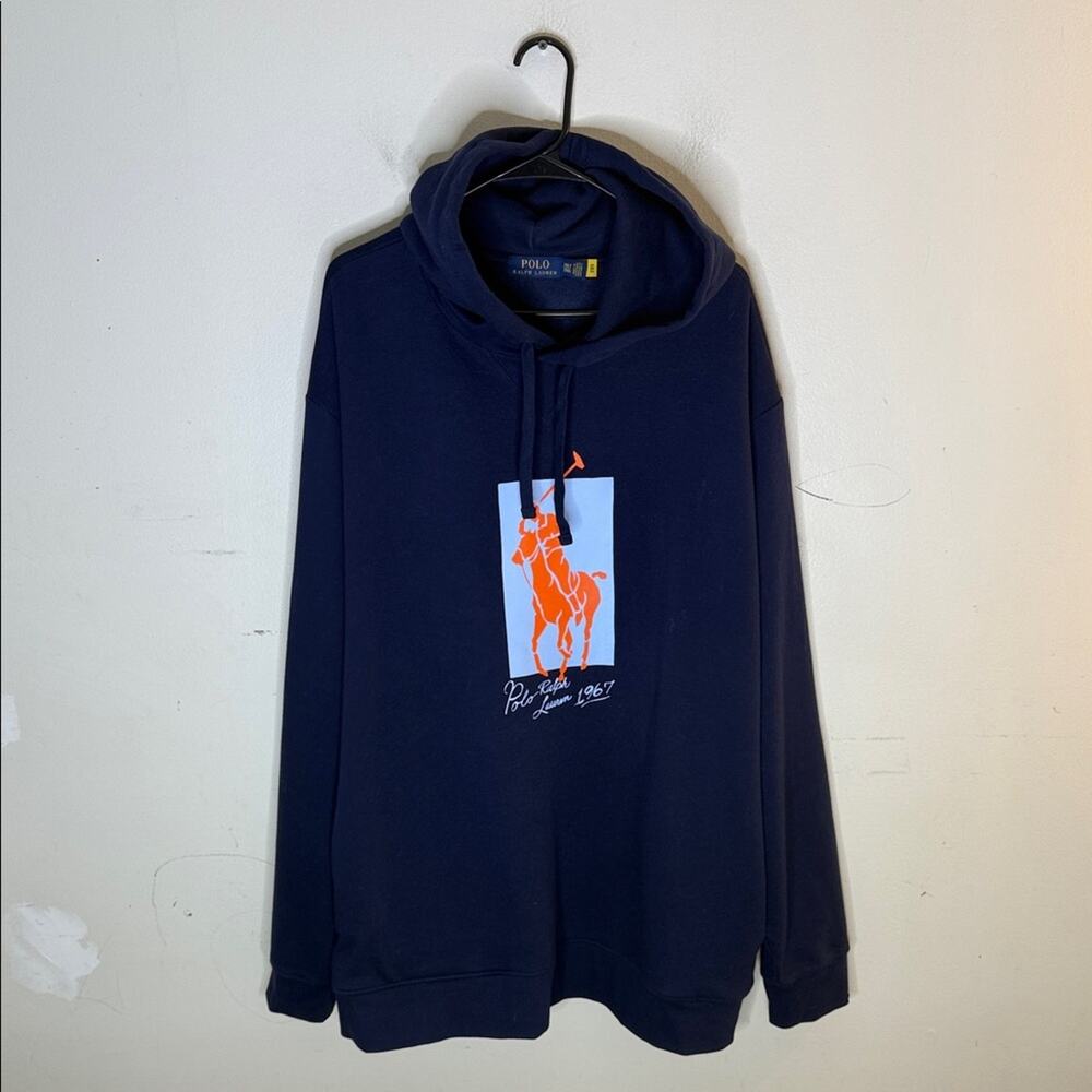 Polo Ralph Lauren Navy 'Big Pony Fleece Hoodie' with Orange Logo Size 2XLT